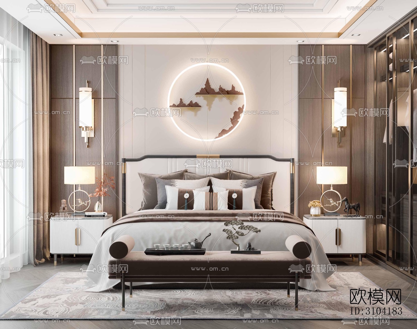 新中式卧室效果图下载（渲染图2）