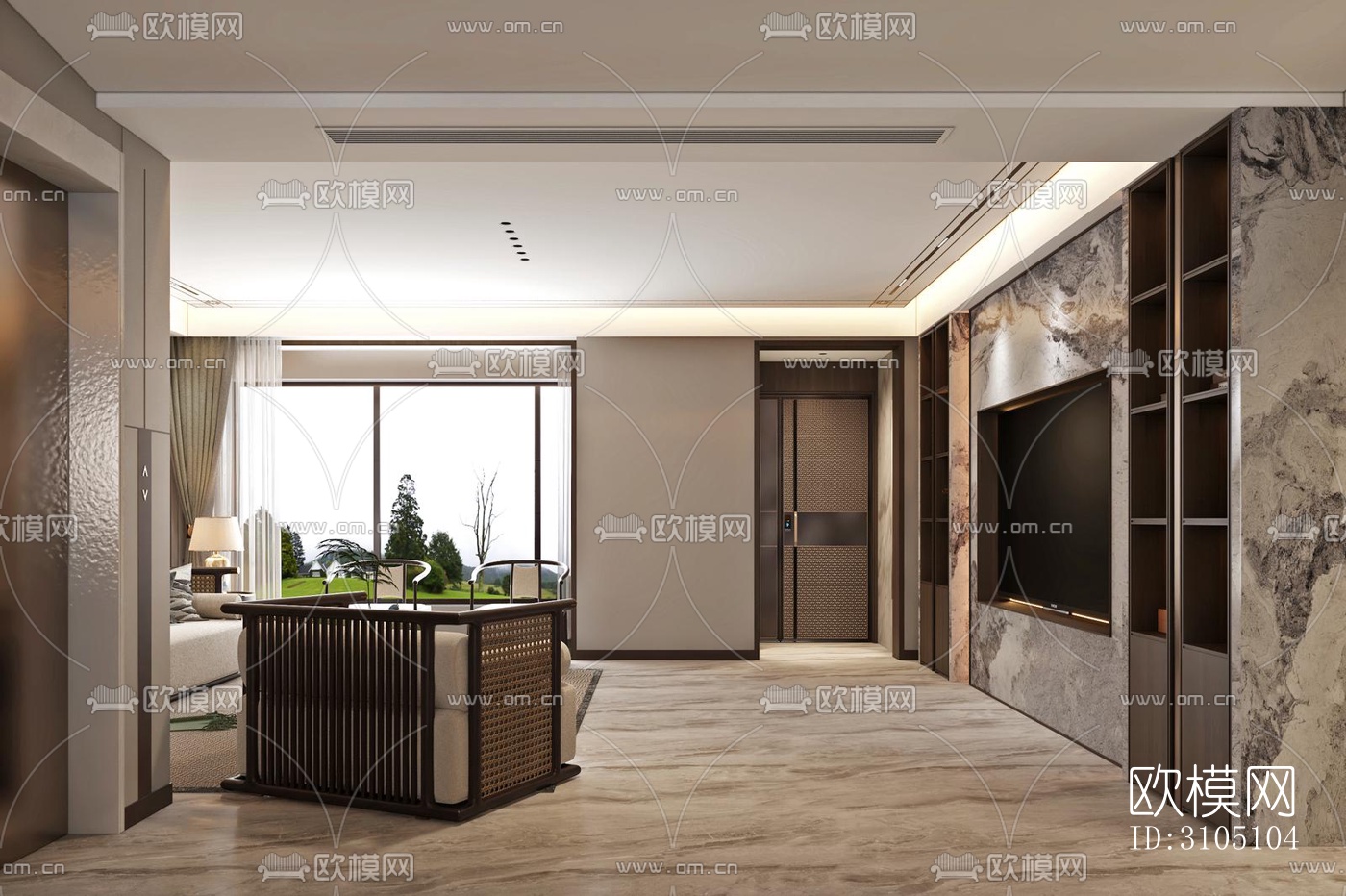 新中式平层效果图下载（渲染图7）