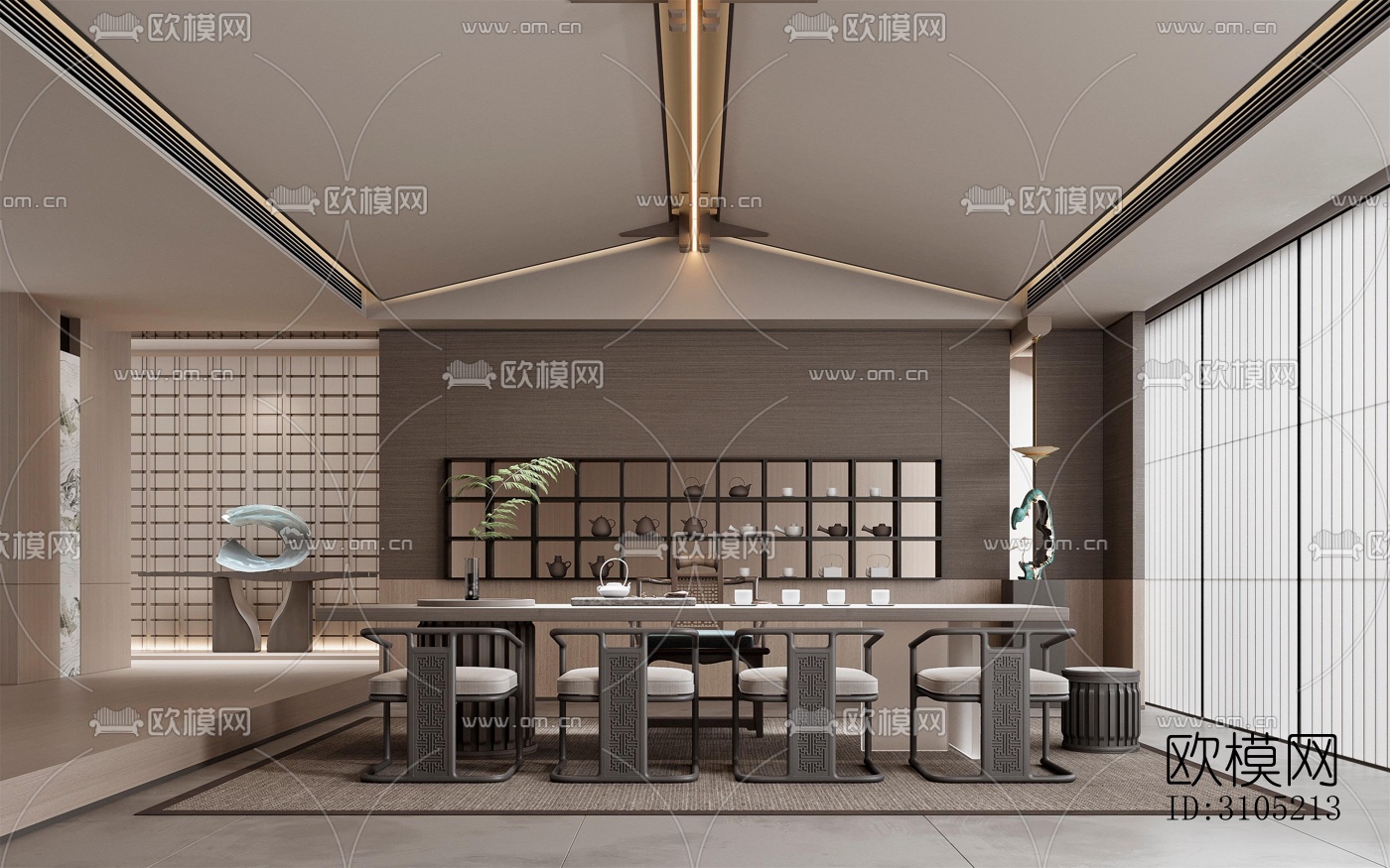 新中式茶室效果图下载（渲染图1）