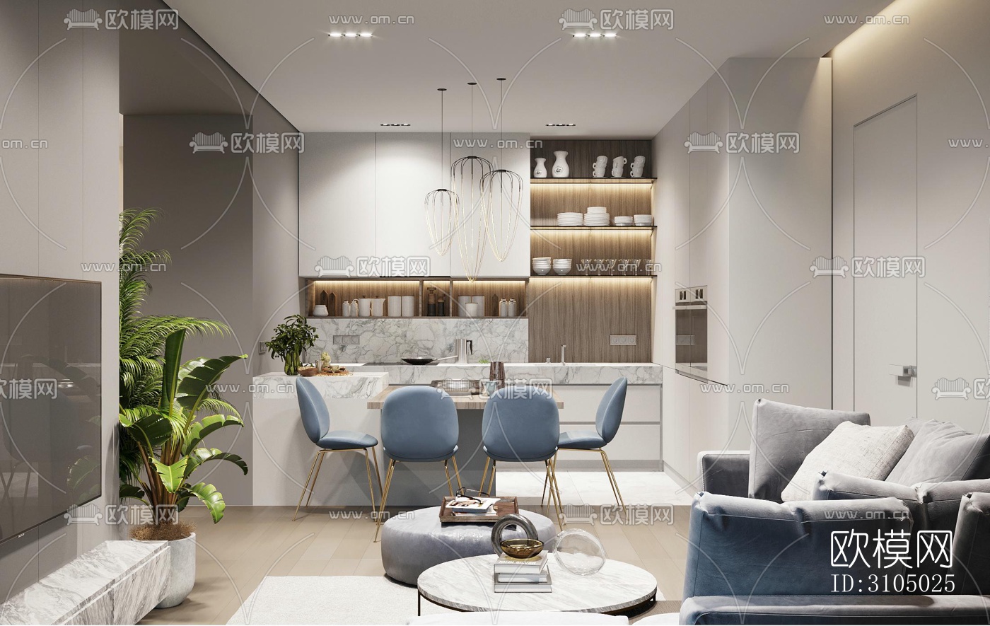 现代厨房效果图下载（渲染图1）