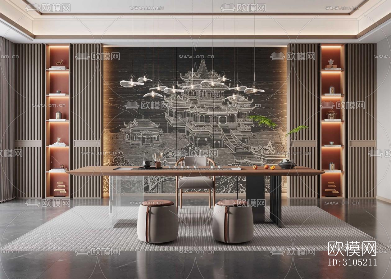 新中式茶室效果图下载（渲染图3）