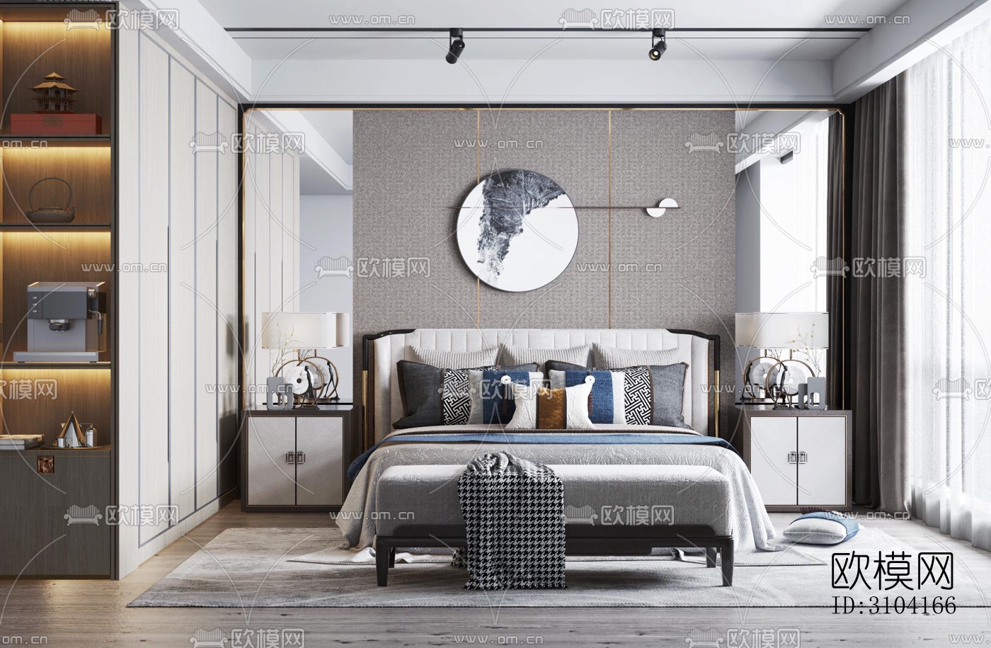 新中式卧室效果图下载（渲染图4）