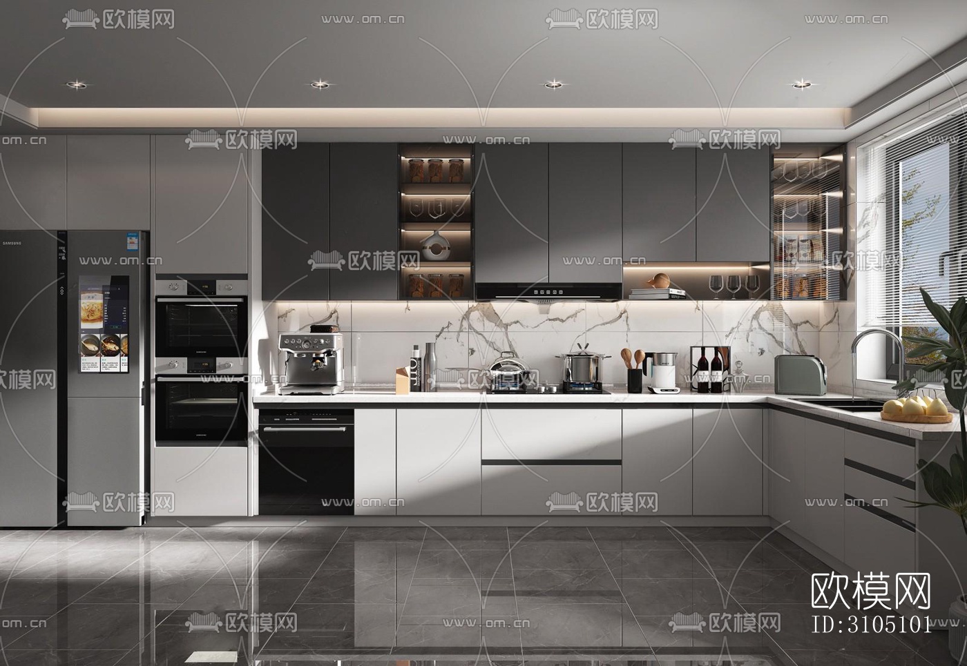 高级灰厨房效果图下载（渲染图1）