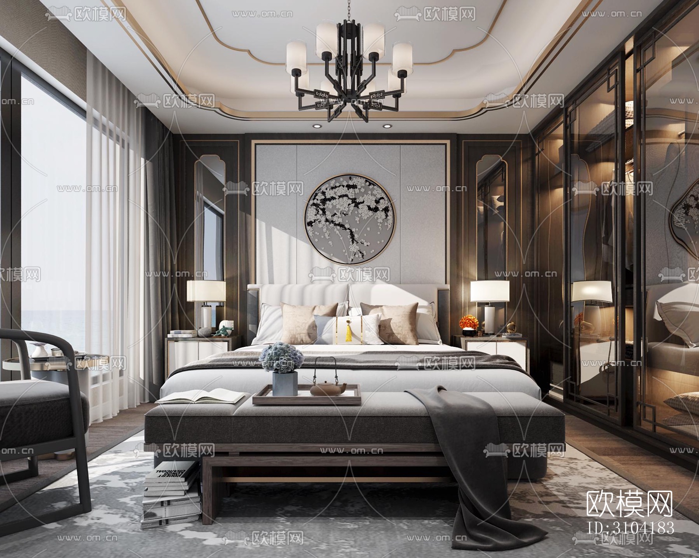 新中式卧室效果图下载（渲染图3）