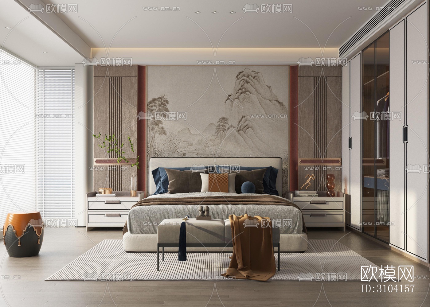 新中式卧室效果图下载（渲染图3）