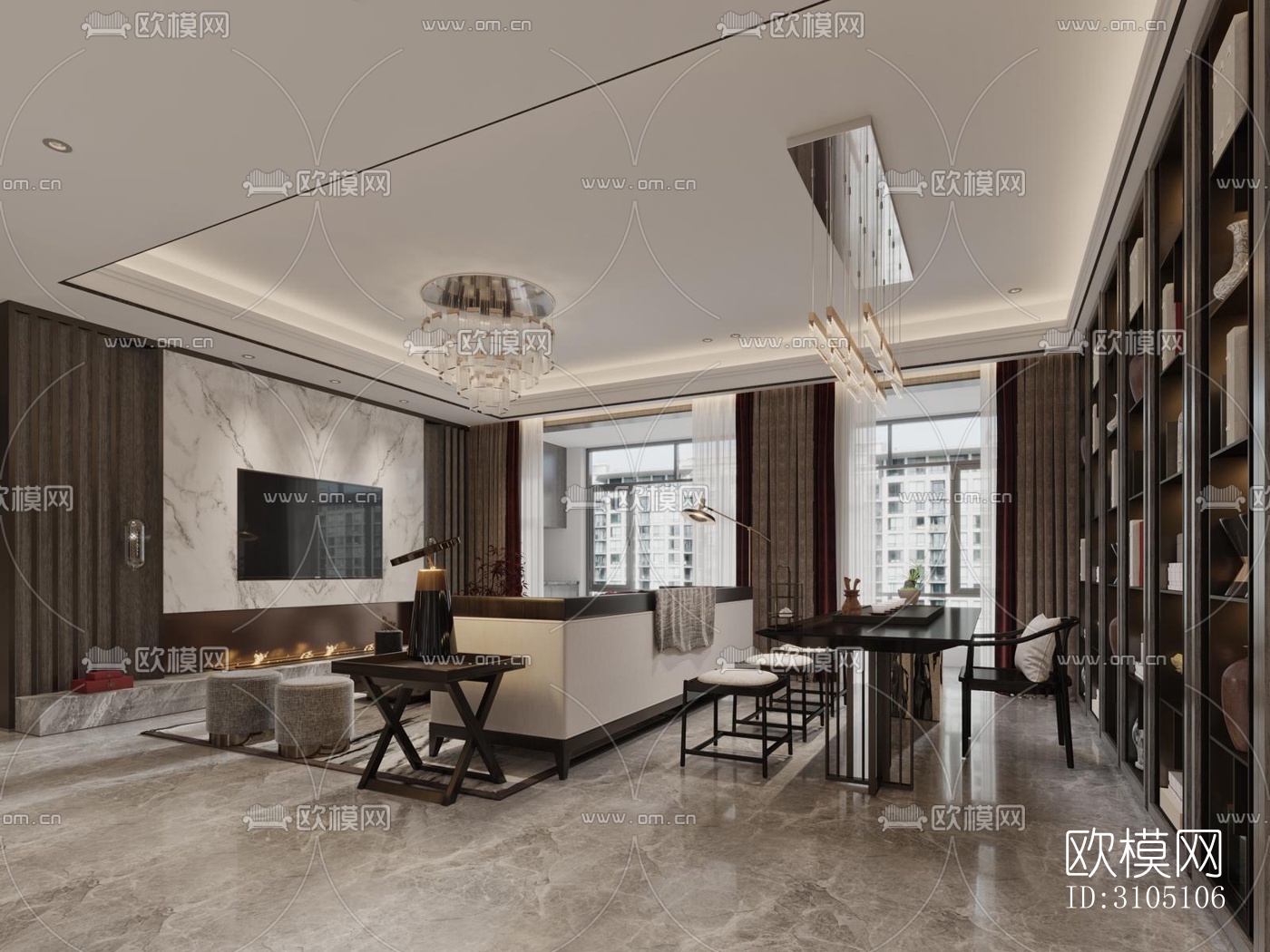 新中式平层效果图下载（渲染图10）