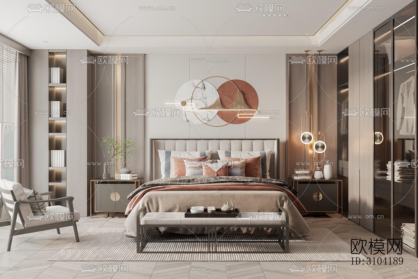 新中式卧室效果图下载（渲染图1）