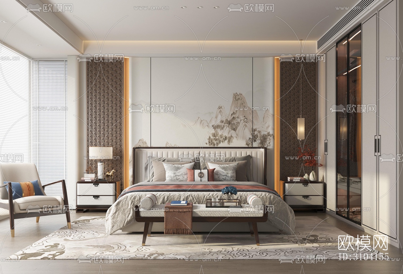 新中式卧室效果图下载（渲染图3）