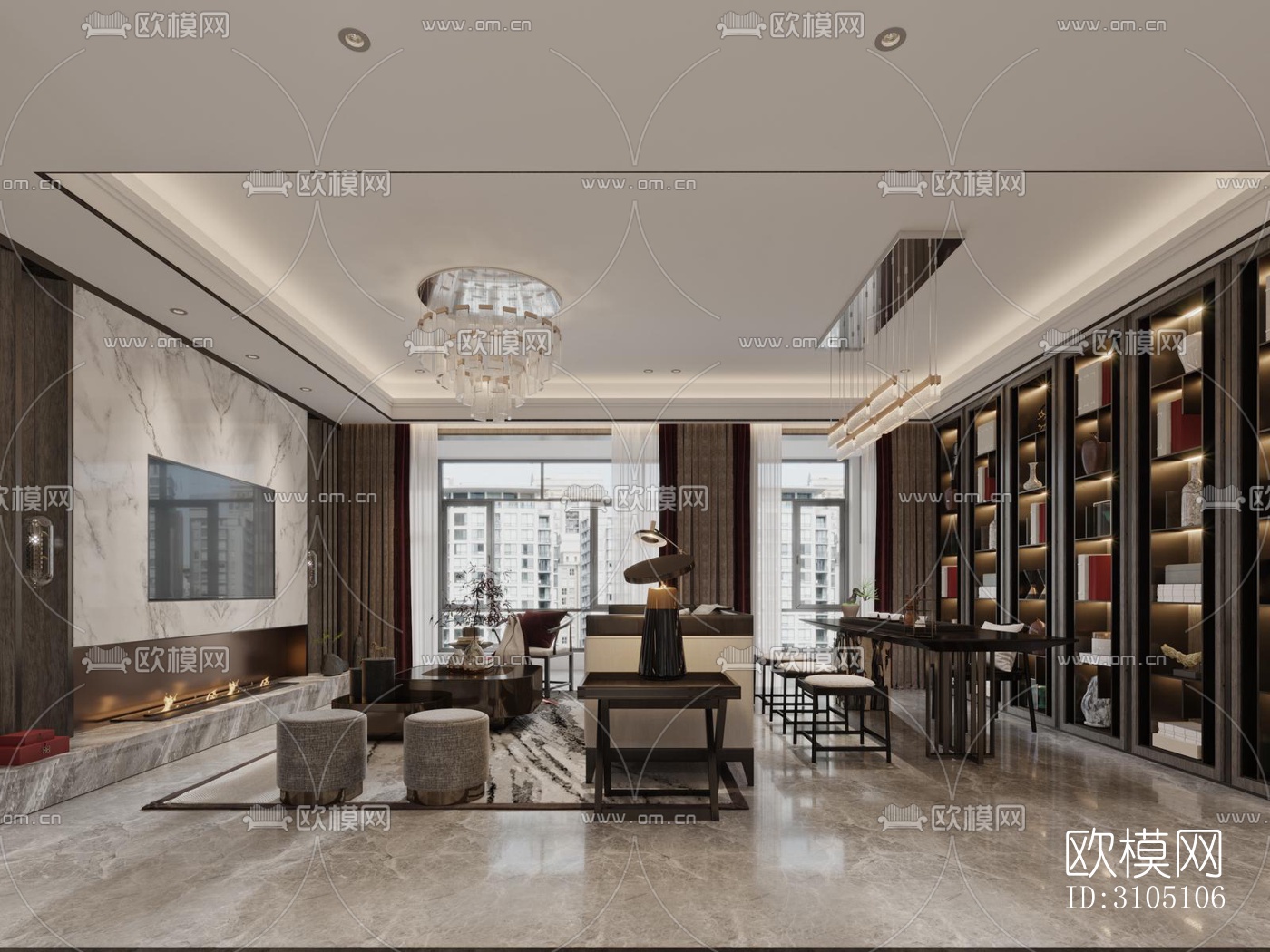 新中式平层效果图下载（渲染图9）