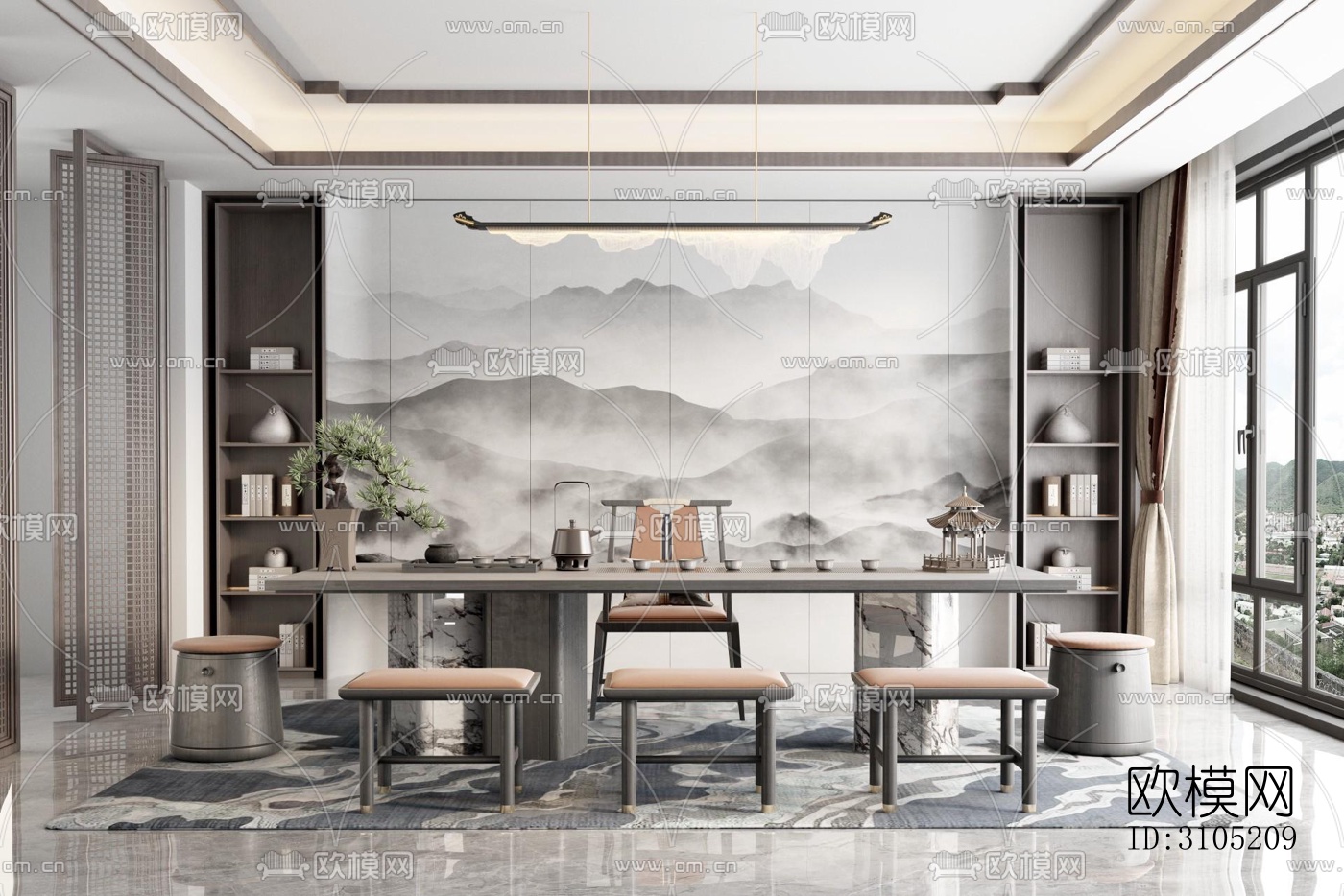 新中式茶室效果图下载（渲染图4）