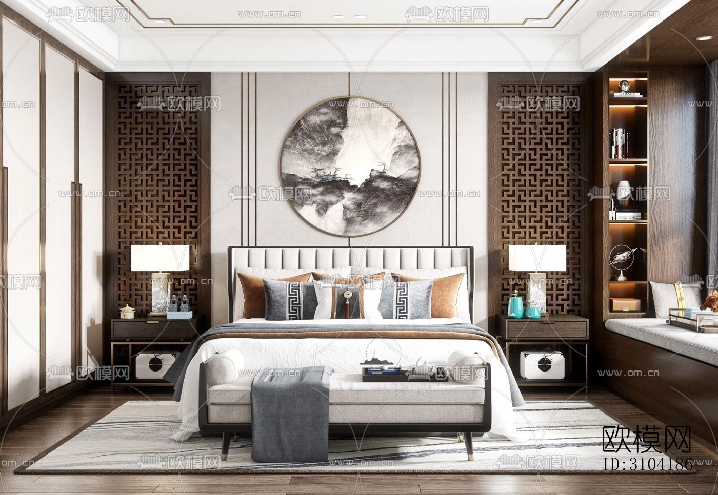 新中式卧室效果图下载（渲染图4）