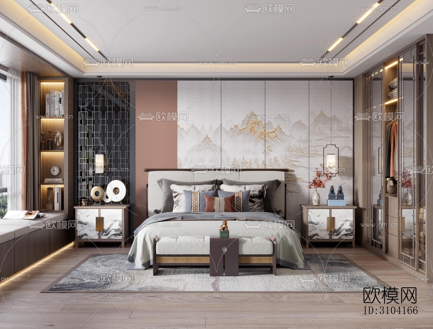 新中式卧室效果图下载（渲染图2）