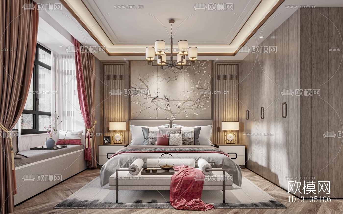 新中式平层效果图下载（渲染图2）