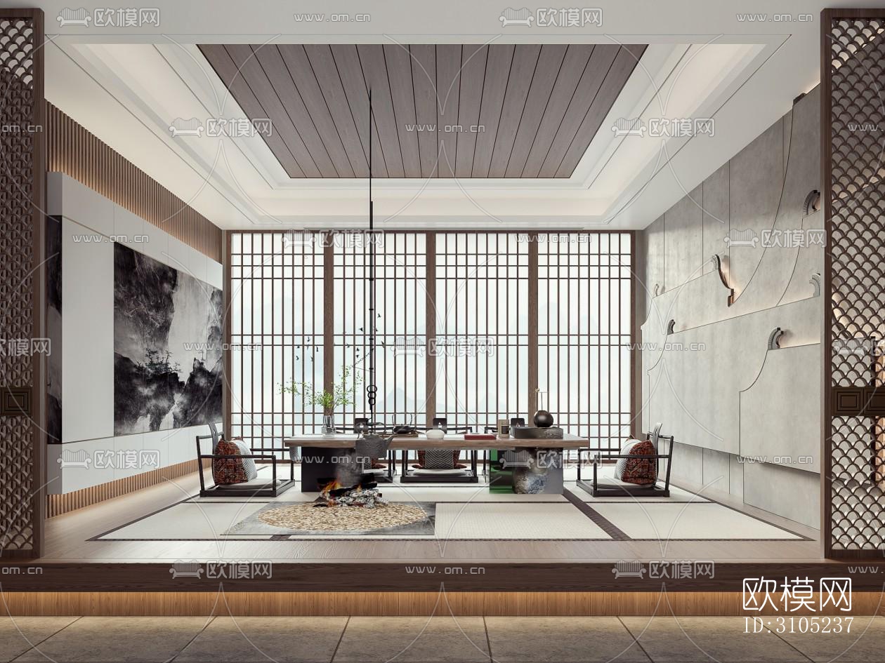 新中式茶室效果图下载（渲染图2）
