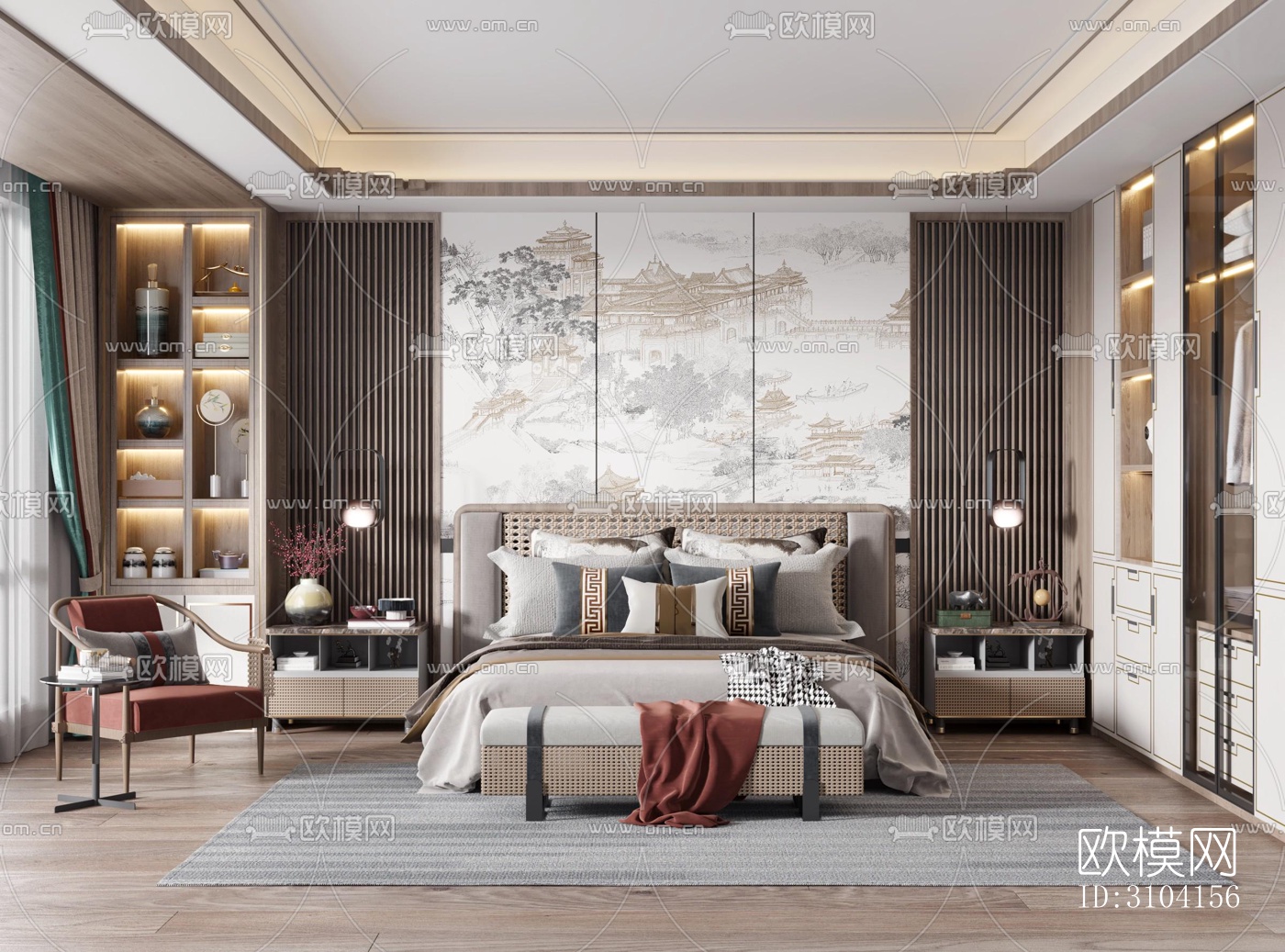 新中式卧室效果图下载（渲染图5）