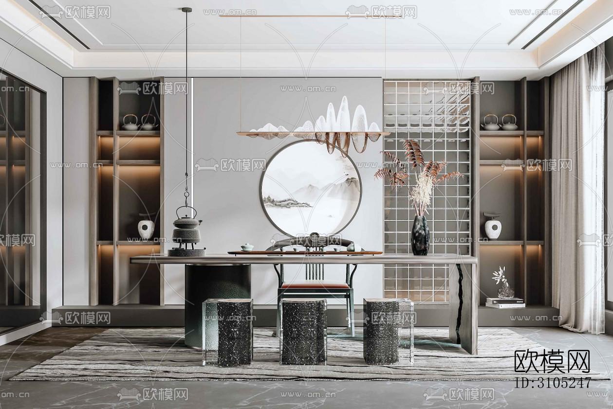 新中式茶室效果图下载（渲染图1）