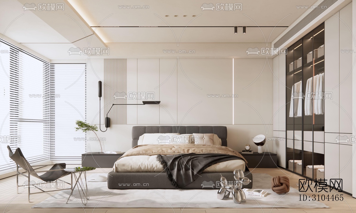 高级灰卧室效果图下载（渲染图5）