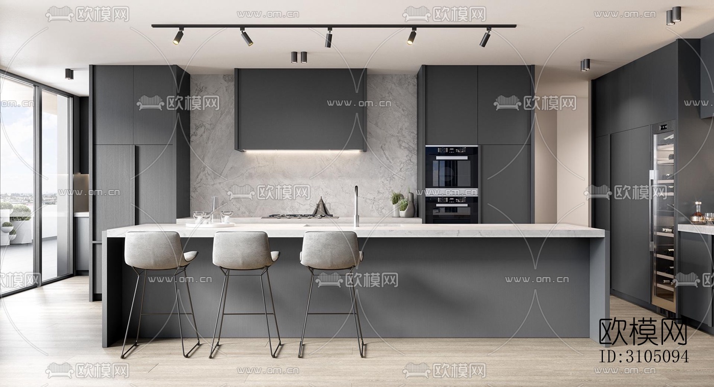 高级灰厨房效果图下载（渲染图4）