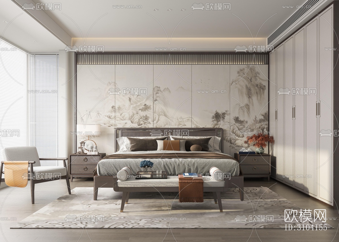 新中式卧室效果图下载（渲染图1）