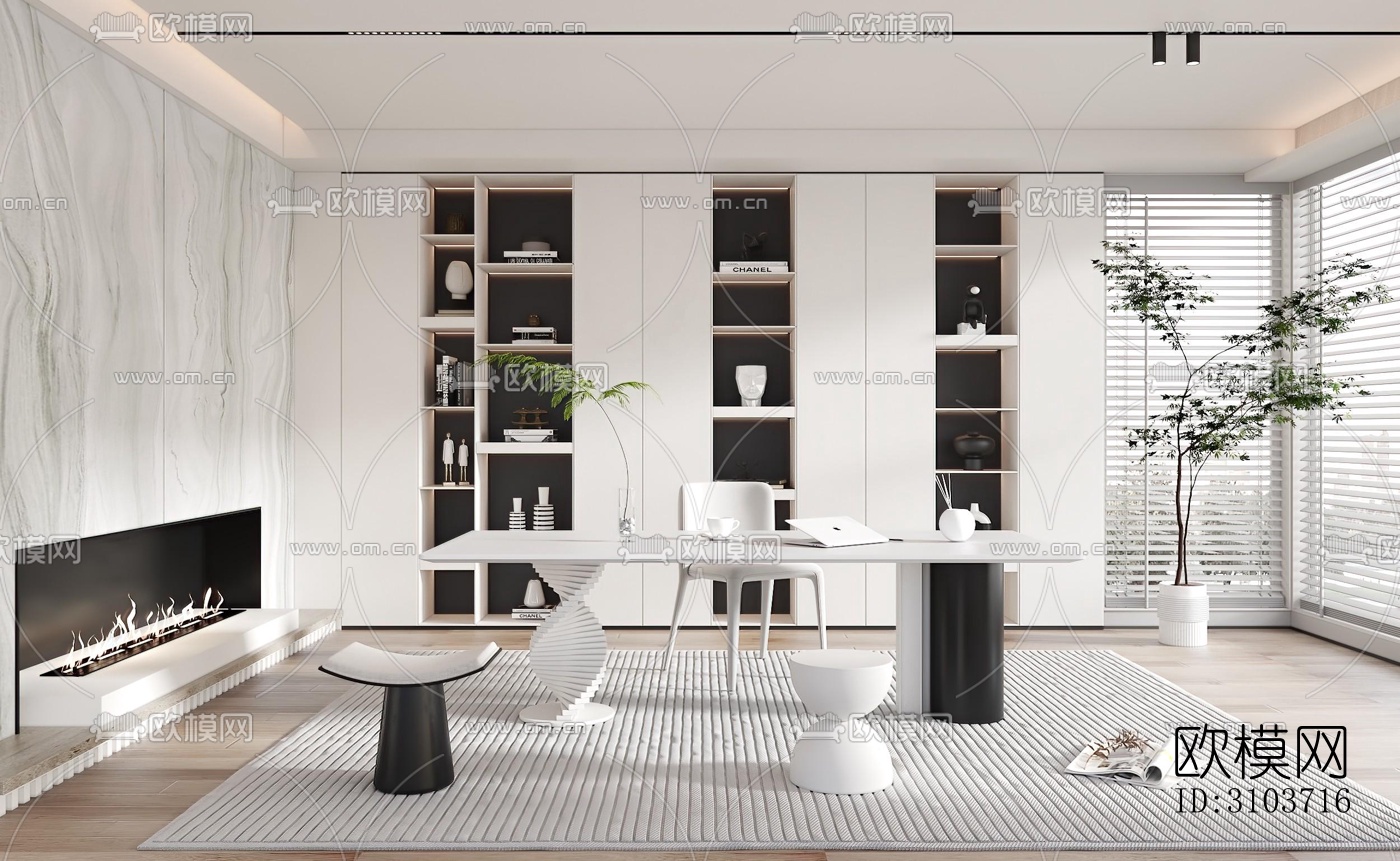 高级灰书房效果图下载（渲染图4）