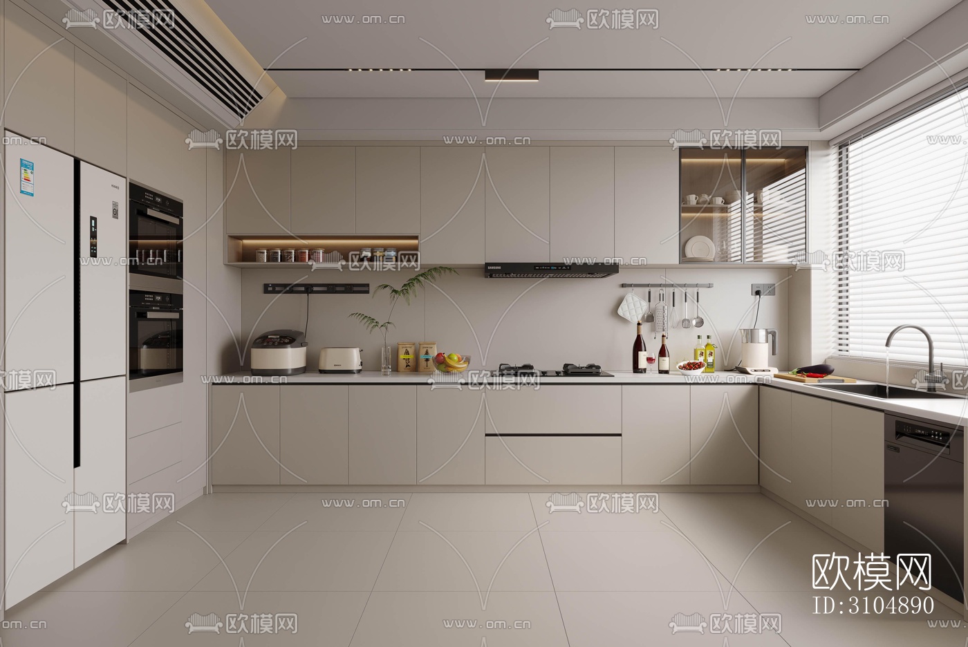 奶油风厨房效果图下载（渲染图2）