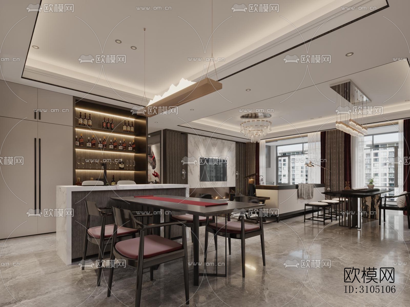 新中式平层效果图下载（渲染图7）