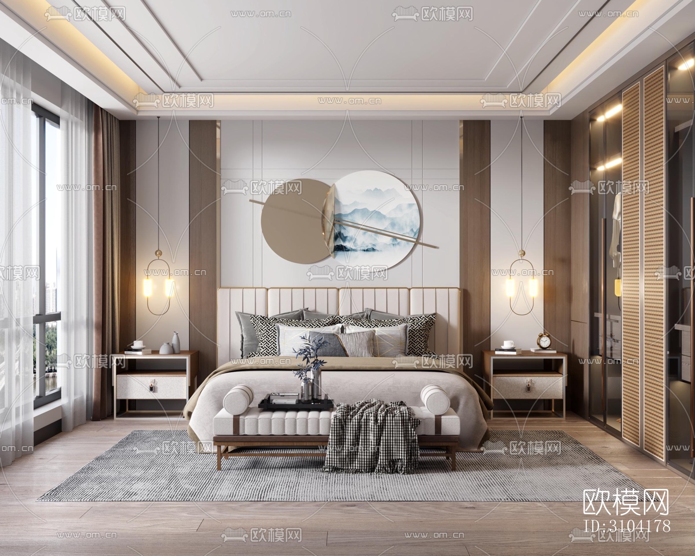 新中式卧室效果图下载（渲染图2）