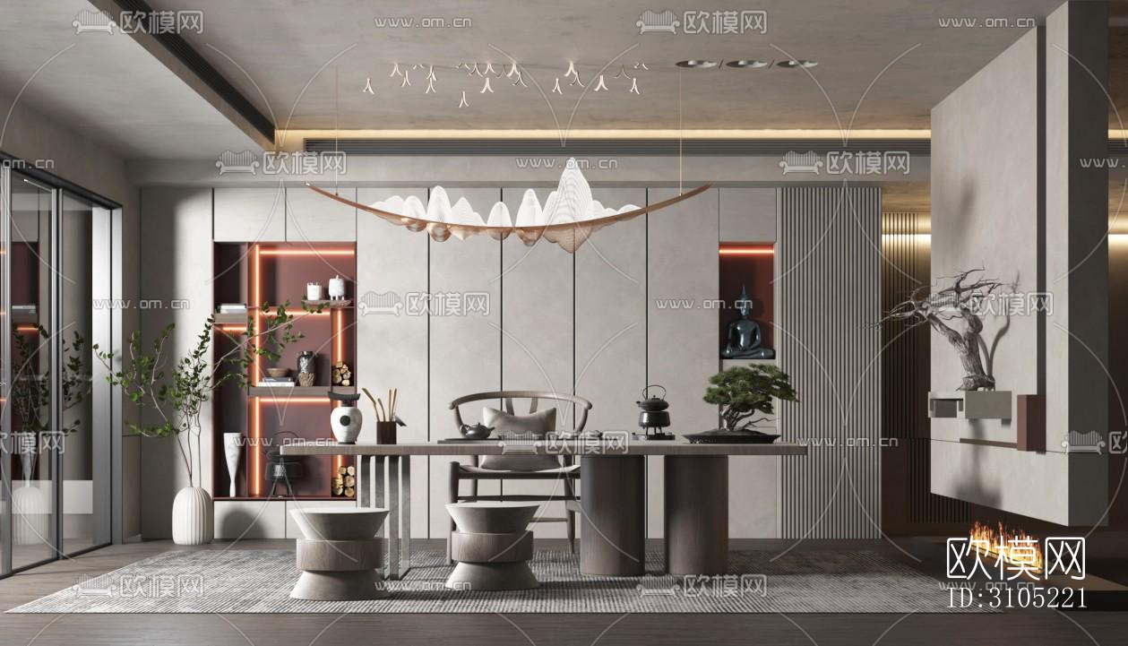 新中式茶室效果图下载（渲染图2）