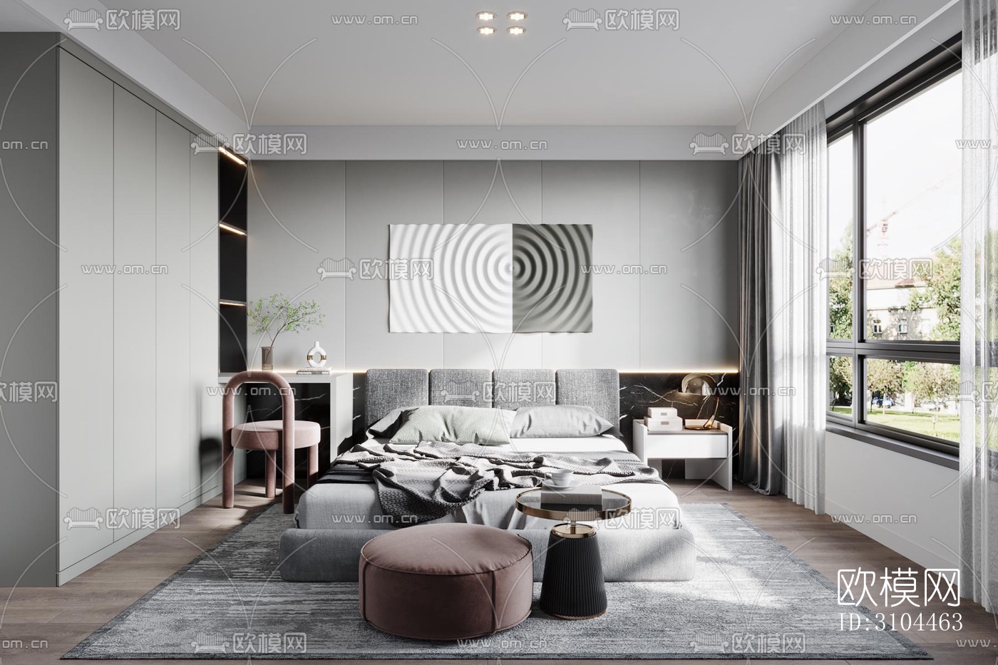 高级灰卧室效果图下载（渲染图4）