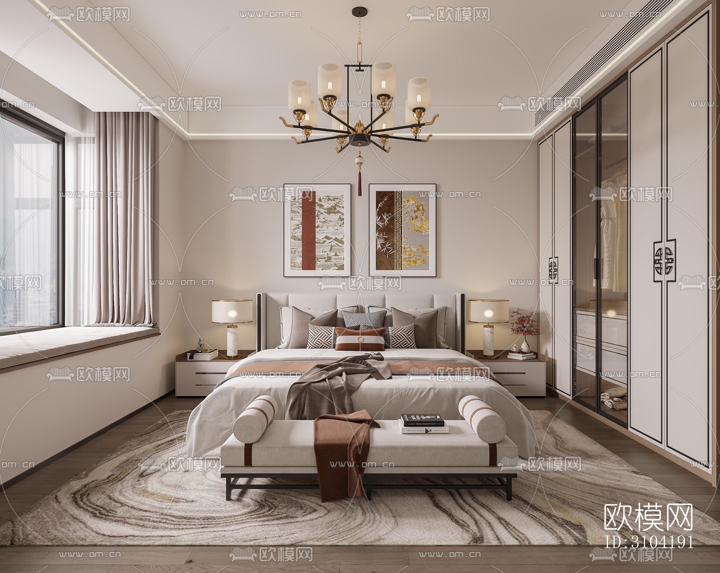 新中式卧室效果图下载（渲染图2）