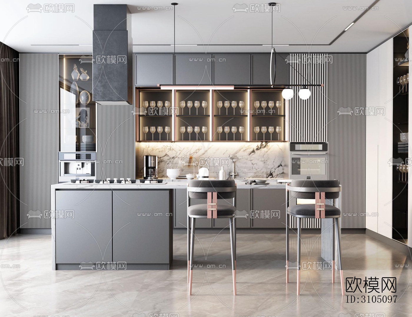 高级灰厨房效果图下载（渲染图1）