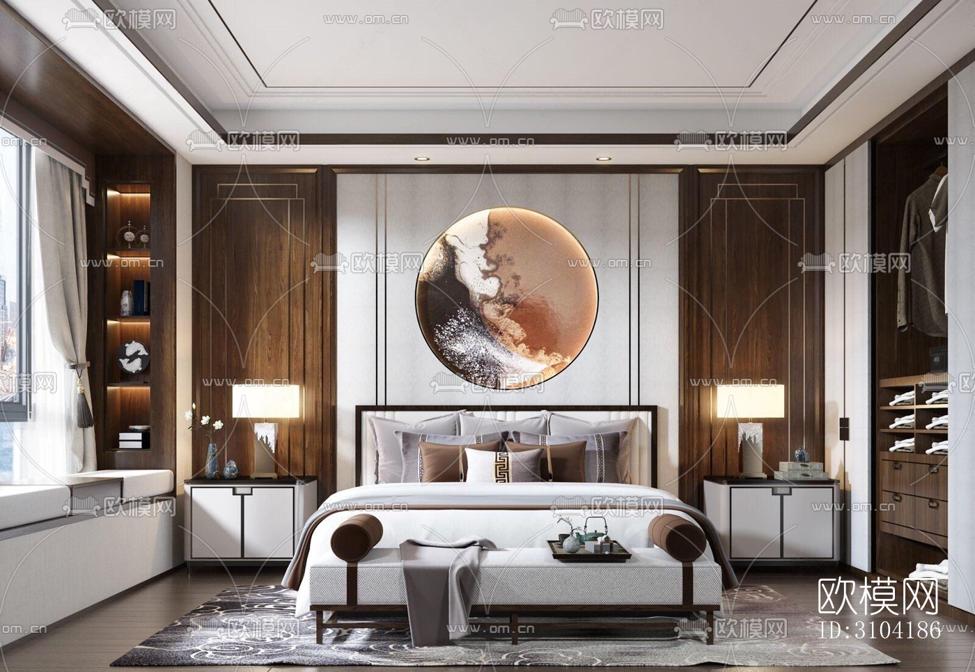 新中式卧室效果图下载（渲染图5）