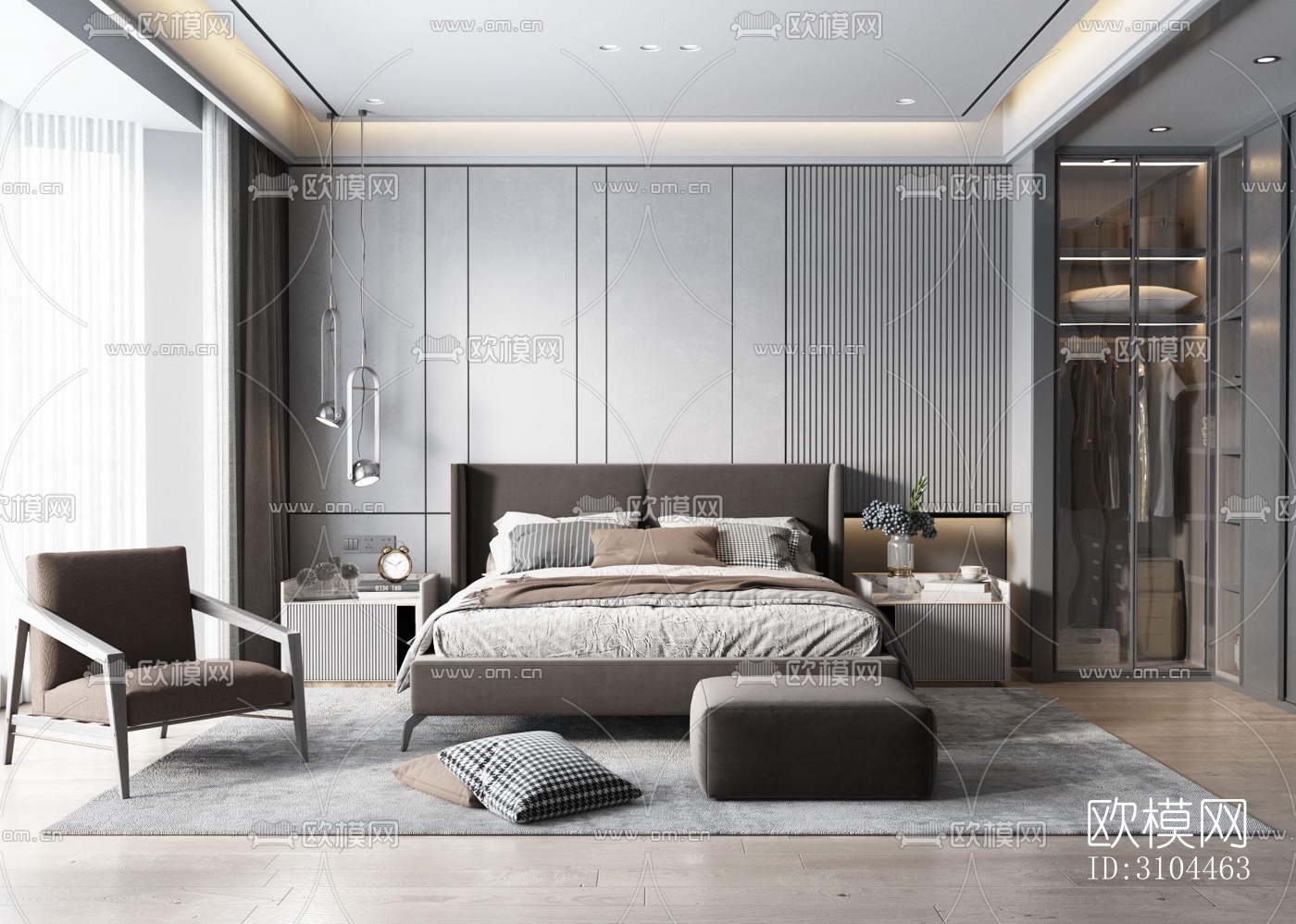 高级灰卧室效果图下载（渲染图5）