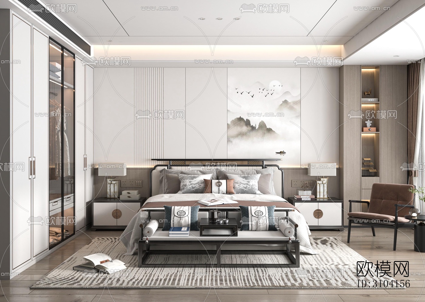 新中式卧室效果图下载（渲染图2）