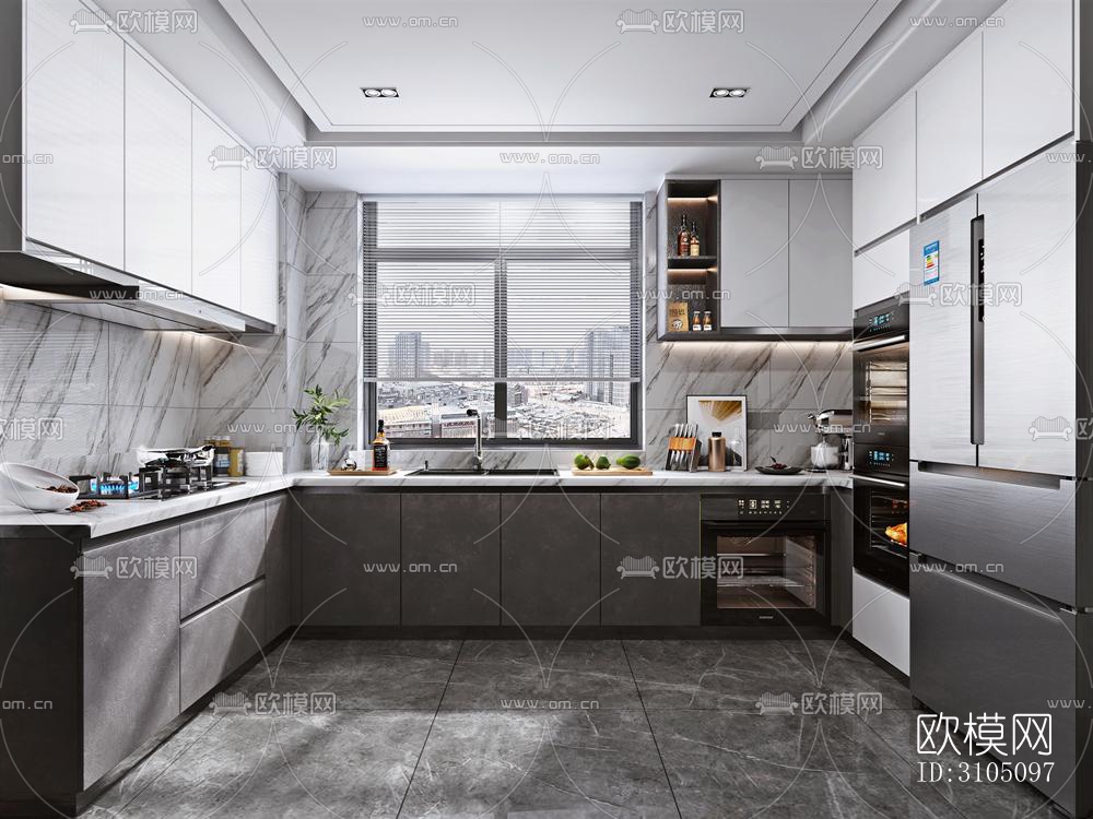 高级灰厨房效果图下载（渲染图3）
