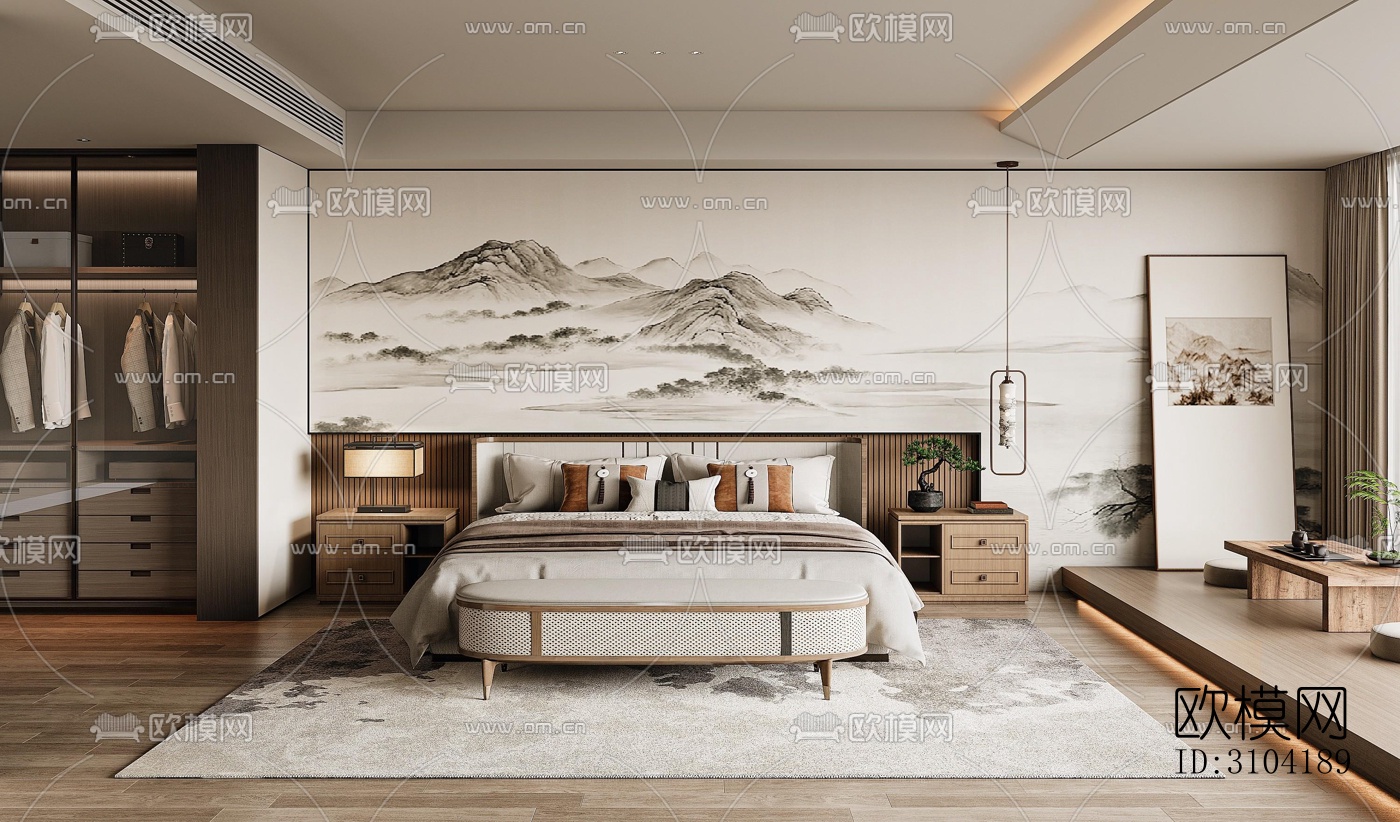 新中式卧室效果图下载（渲染图2）