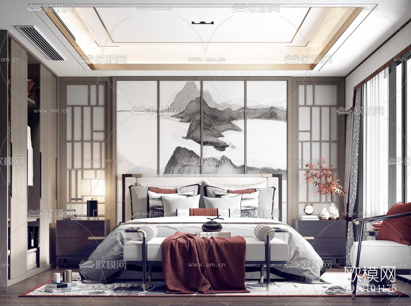 新中式卧室效果图下载（渲染图3）