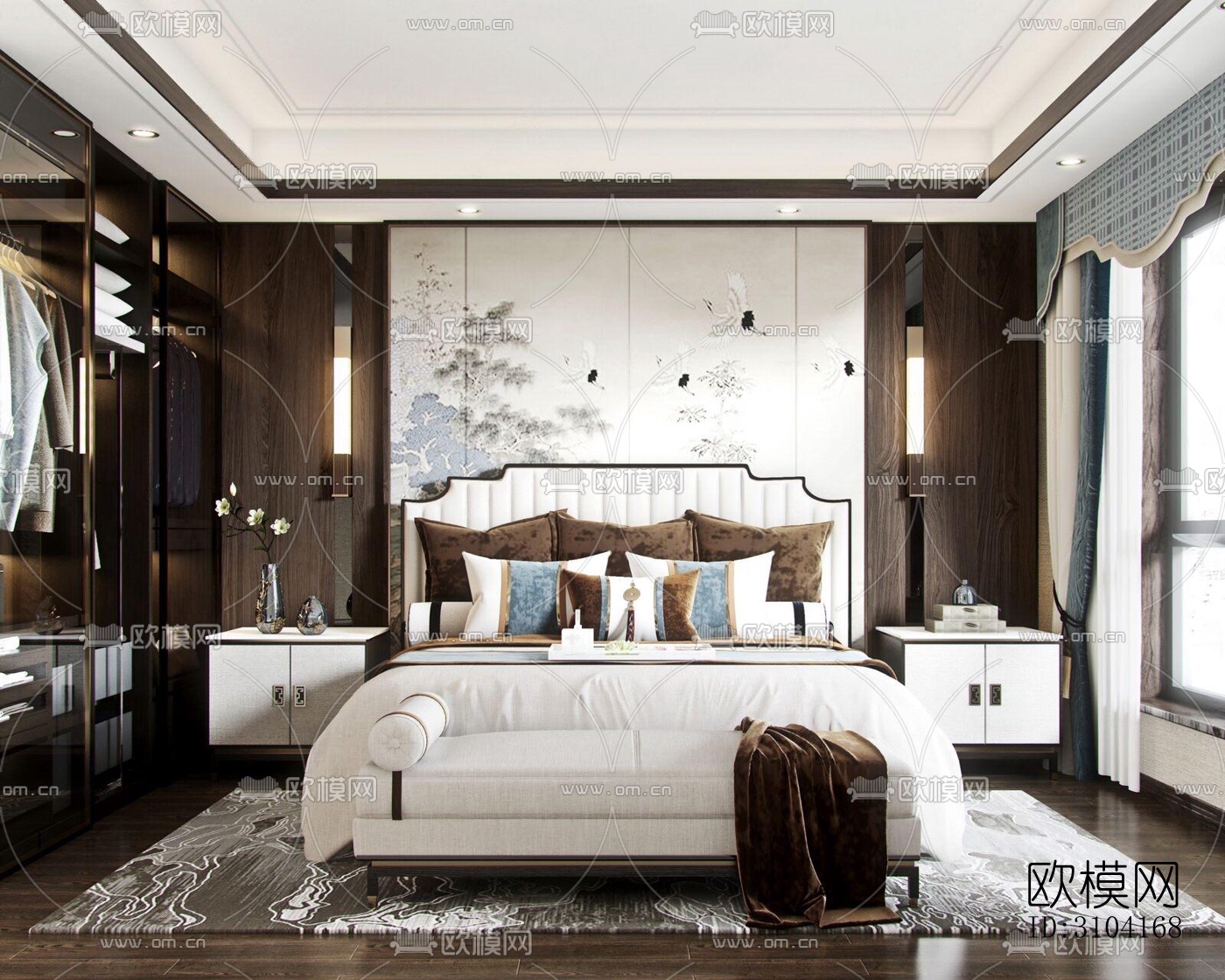 新中式卧室效果图下载（渲染图5）