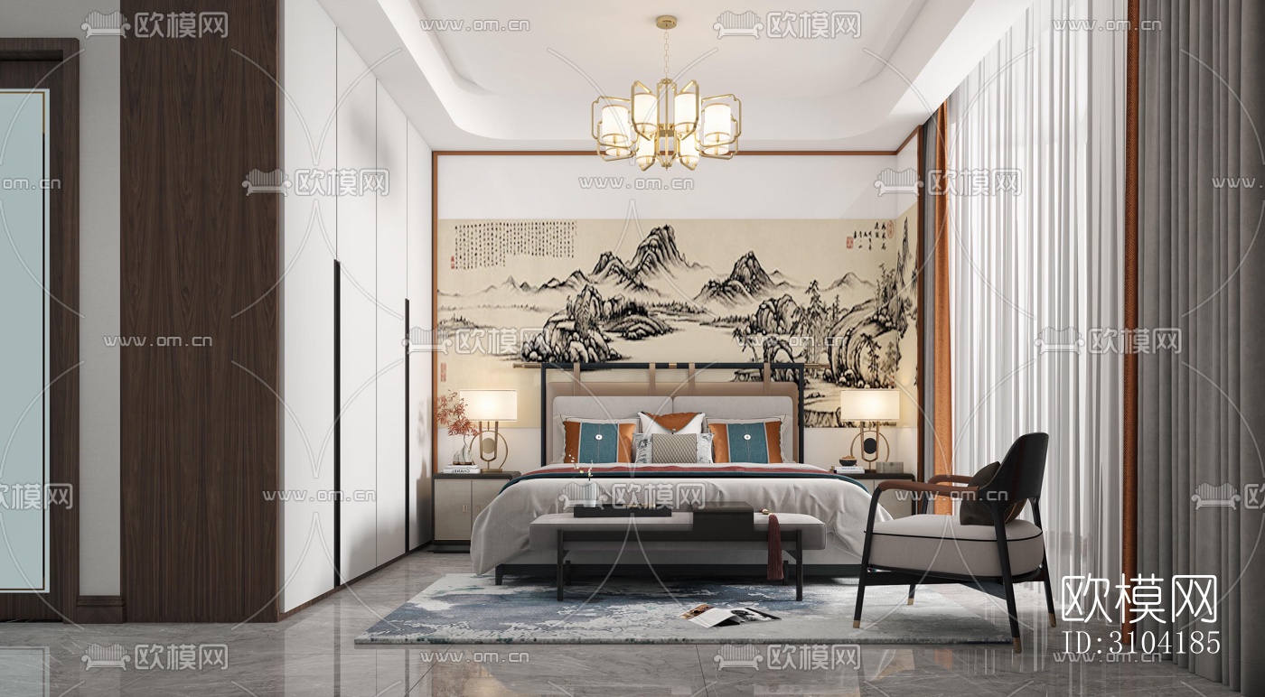 新中式卧室效果图下载（渲染图3）