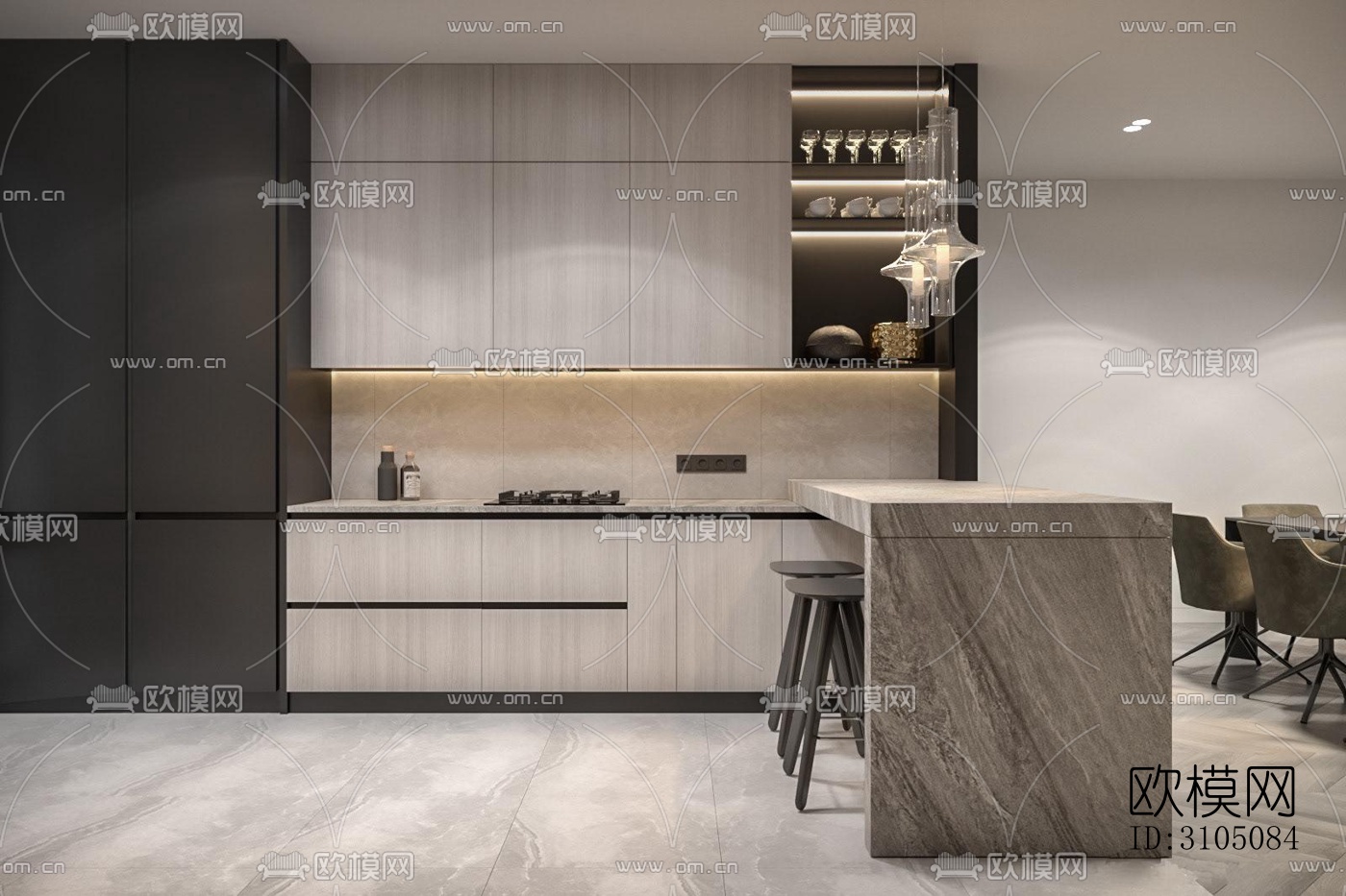 高级灰厨房效果图下载（渲染图4）