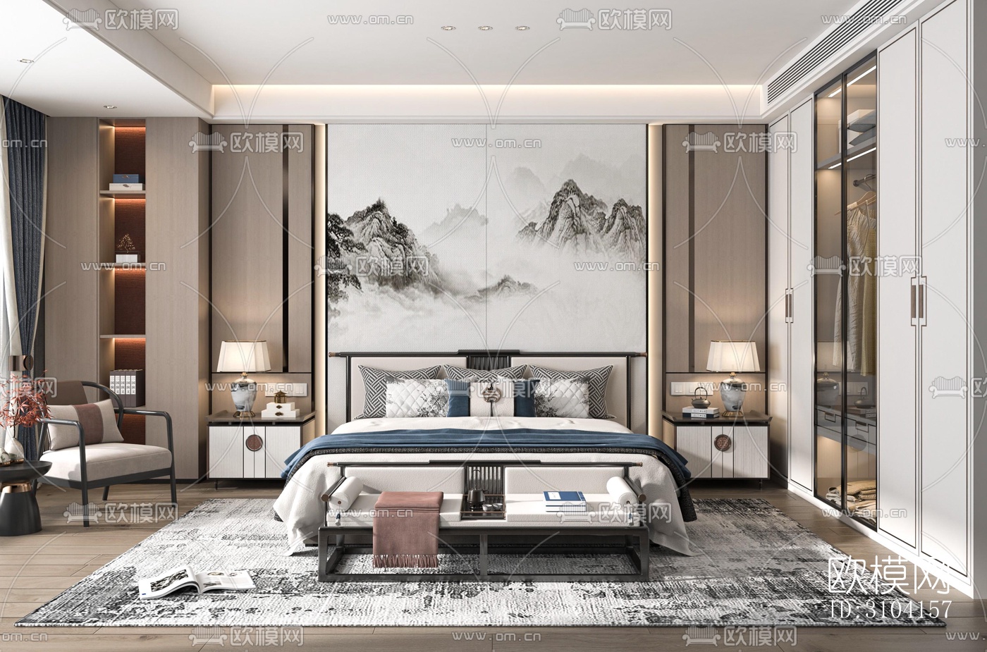 新中式卧室效果图下载（渲染图5）