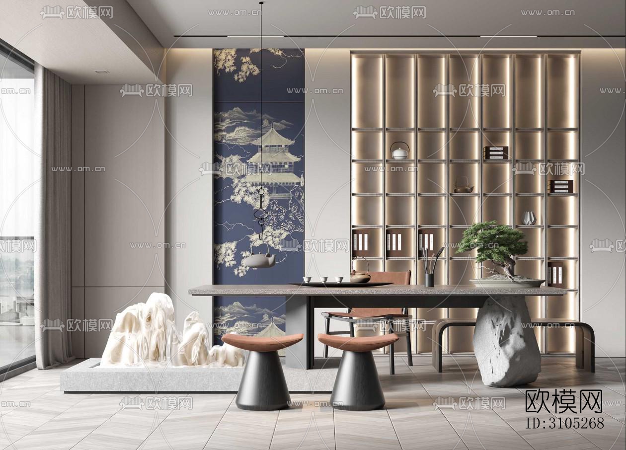 新中式茶室效果图下载（渲染图4）