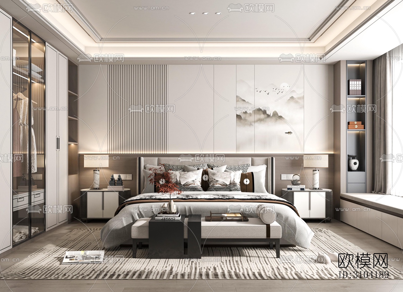 新中式卧室效果图下载（渲染图5）