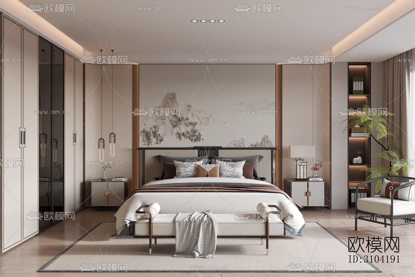 新中式卧室效果图下载（渲染图3）