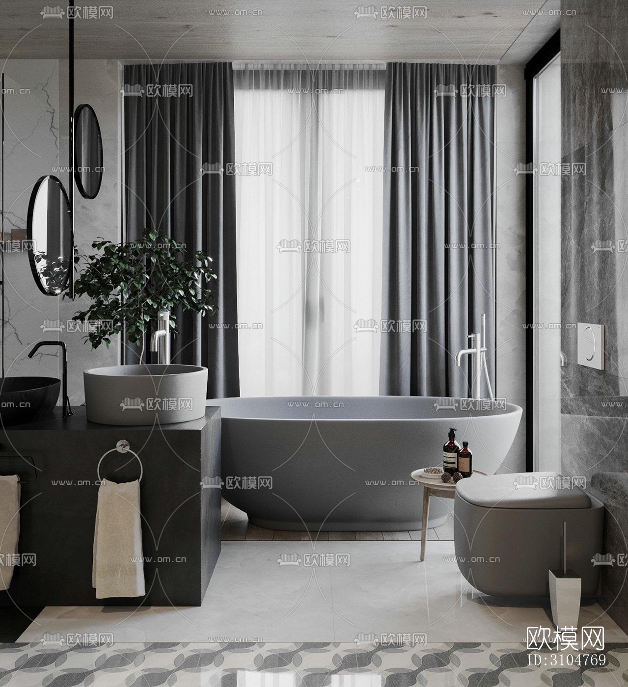 高级灰卫生间效果图下载（渲染图2）