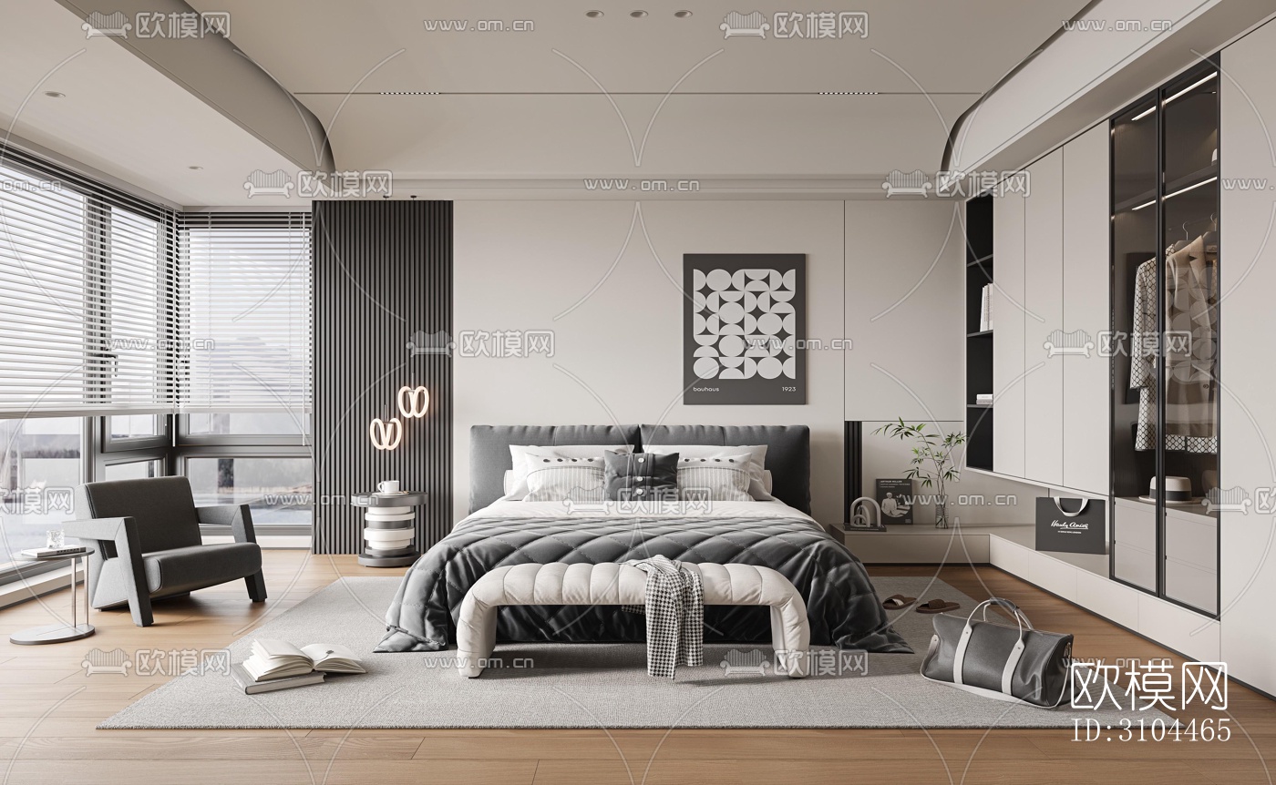 高级灰卧室效果图下载（渲染图3）