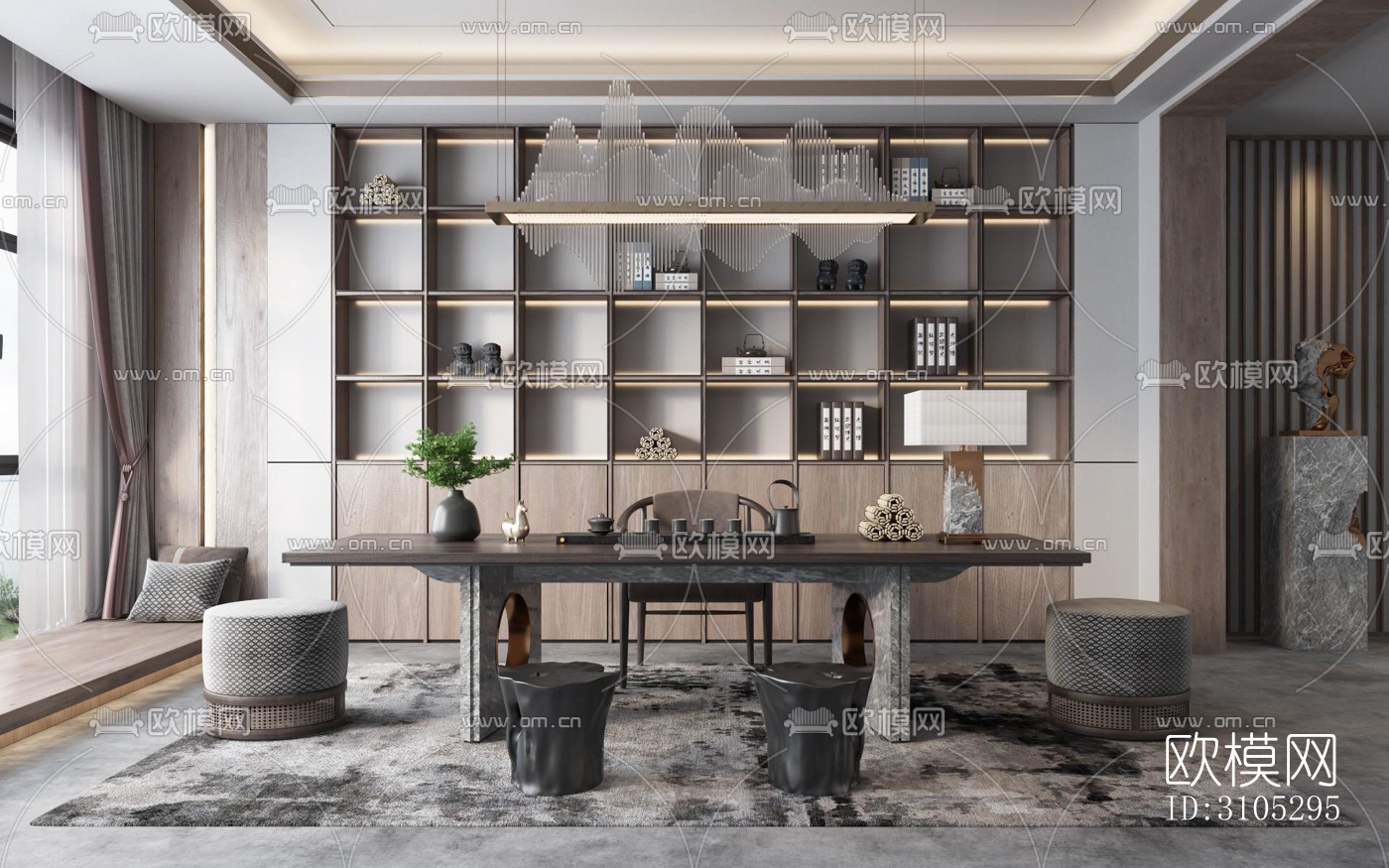 新中式茶室效果图下载（渲染图1）