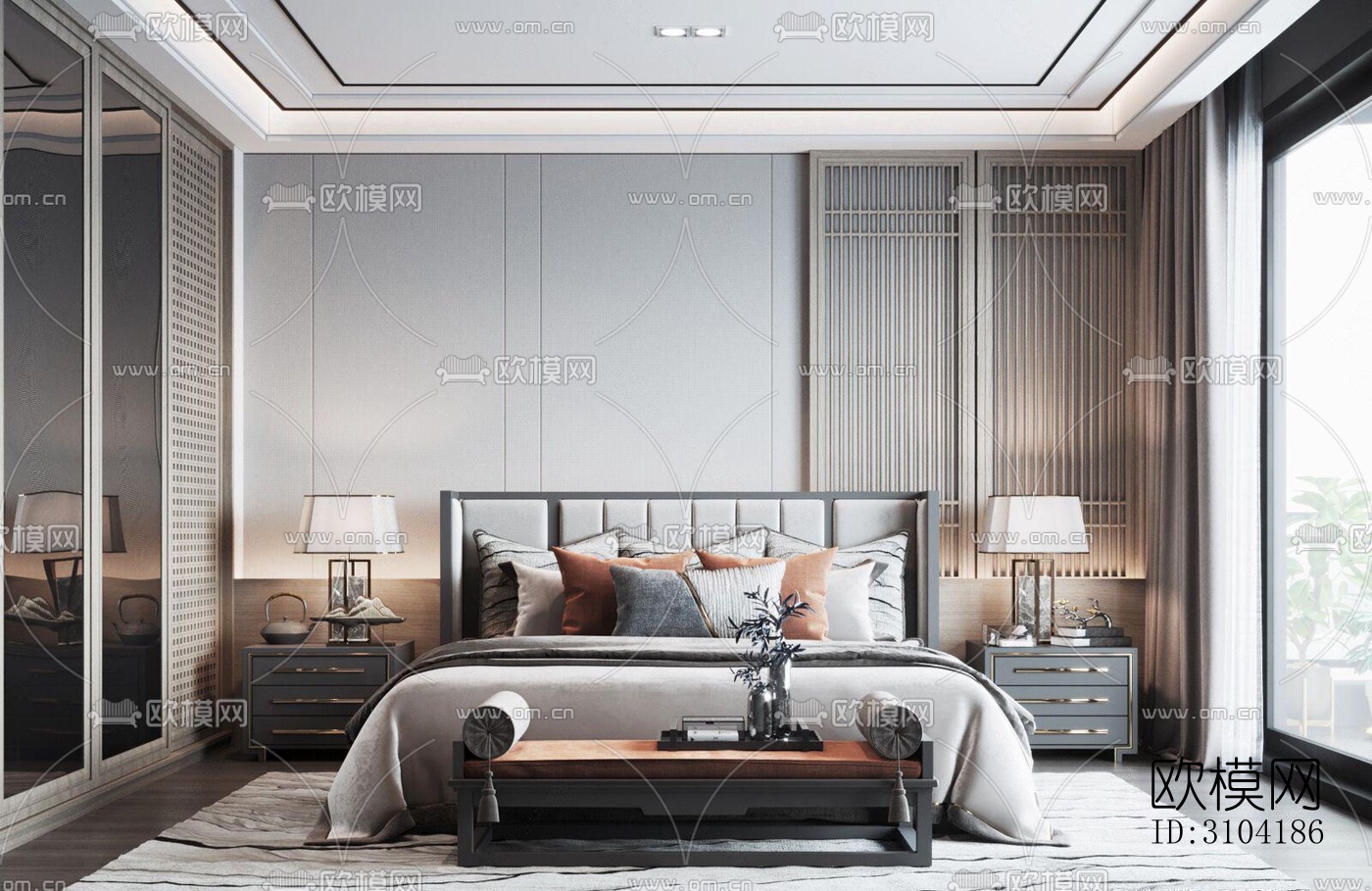 新中式卧室效果图下载（渲染图1）