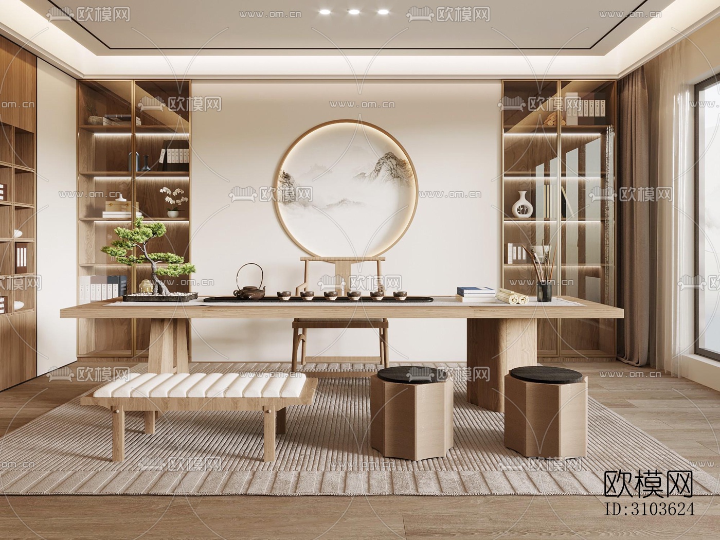 新中式书房效果图下载（渲染图3）