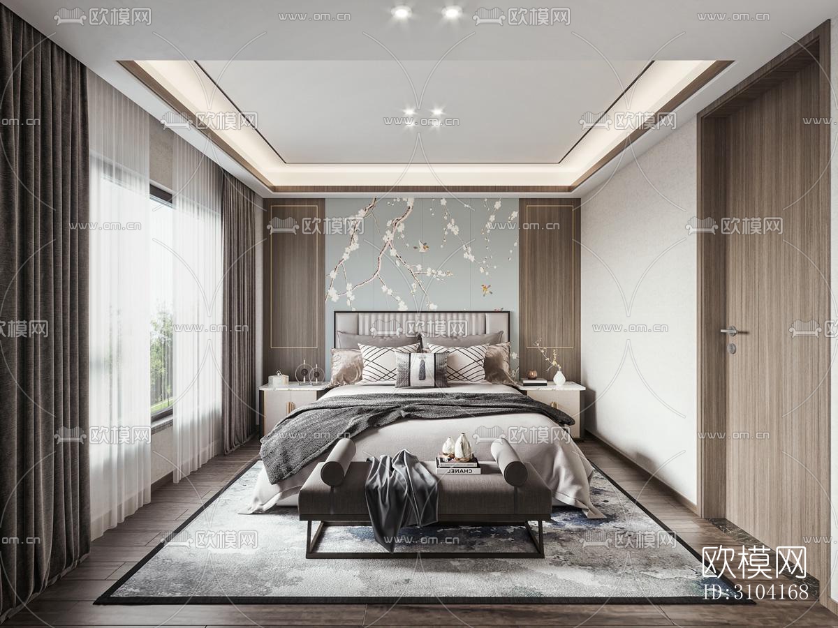 新中式卧室效果图下载（渲染图1）